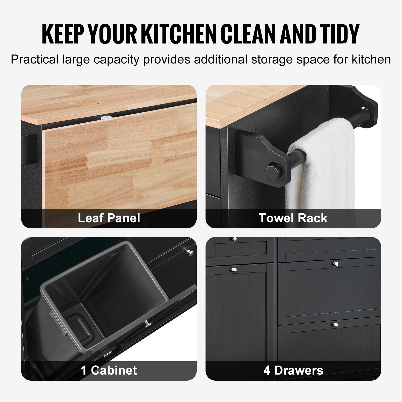 Kitchen Island Cart Storage Cabinet Serving With Drawer & Trash Cabinet_voghion.com